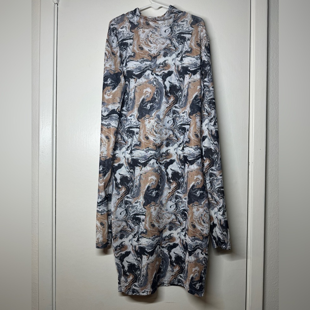 Tic Toc Marbled Mesh Semi Sheer Blue White Brown Long Sleeve Mock Neck Dress S